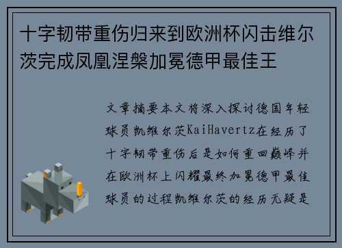 十字韧带重伤归来到欧洲杯闪击维尔茨完成凤凰涅槃加冕德甲最佳王